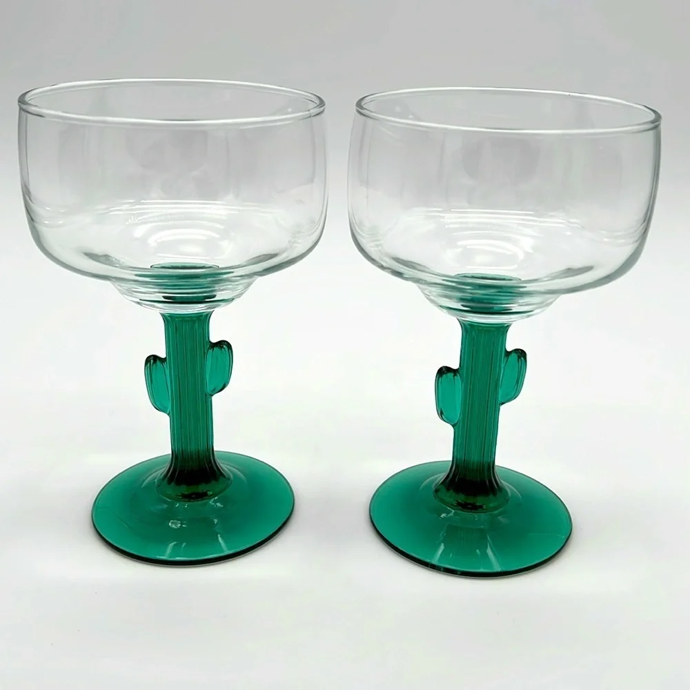 Retro Libbey Cactus Margarita Glasses, Green Stem and Base 16 Ounce (Set of 2)